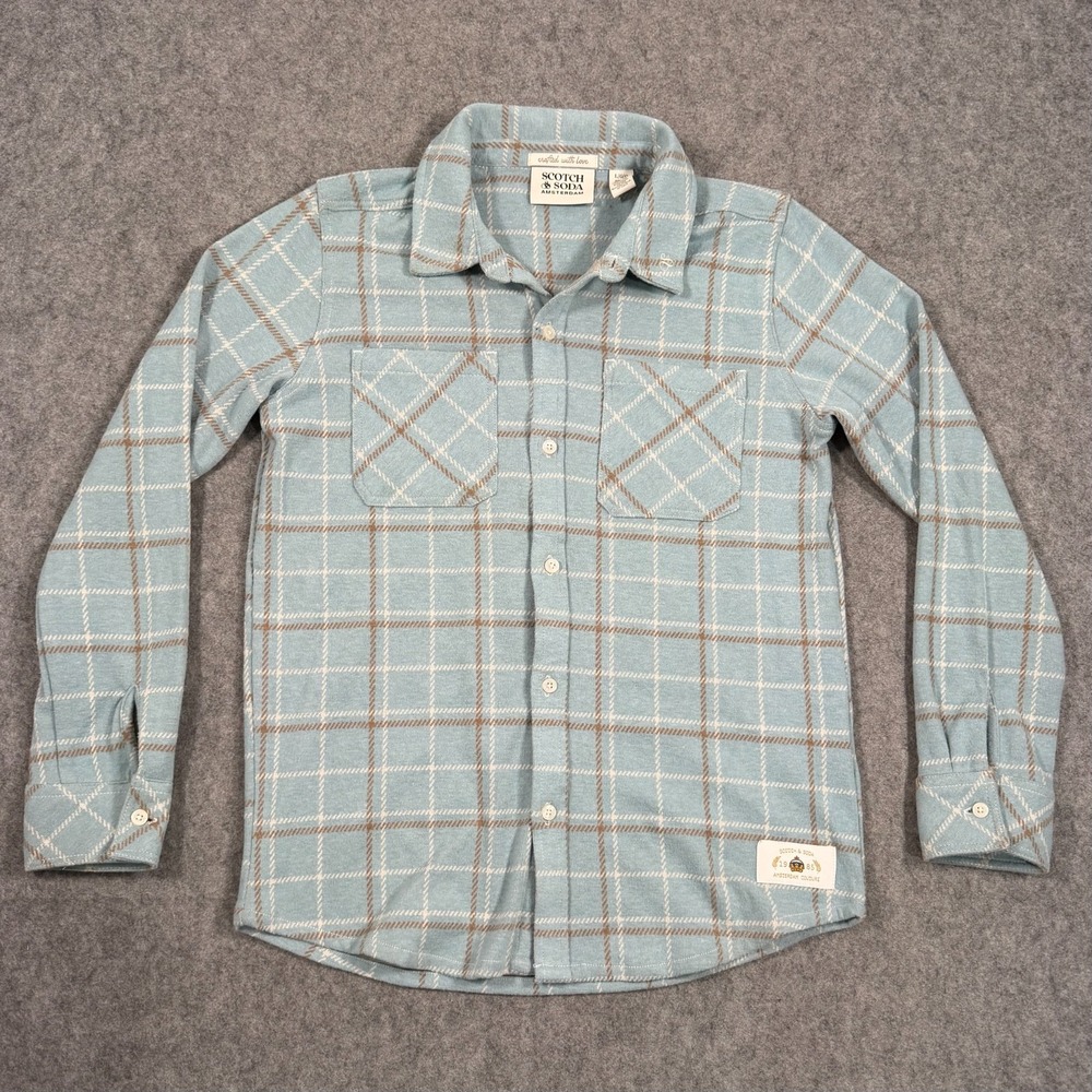 Scotch & Soda Boys Bay Blue Plaid Knit Twill Button Up Shirt Youth Size Large